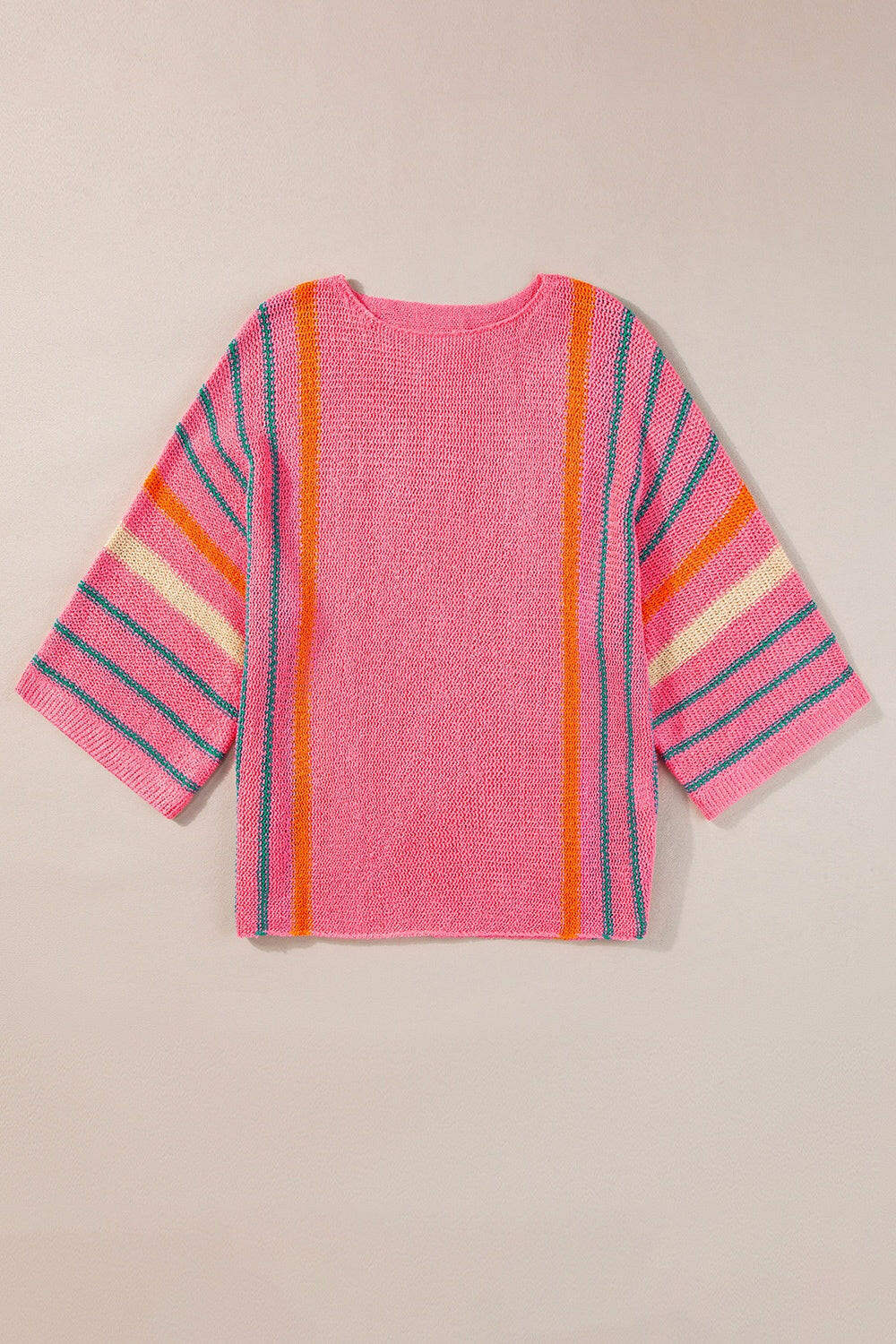 Striped Boat Neck Three-Quarter Sleeve Knit Top.