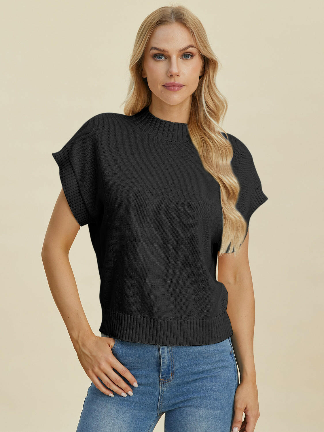 Double Take Mock Neck Short Sleeve Sweater.