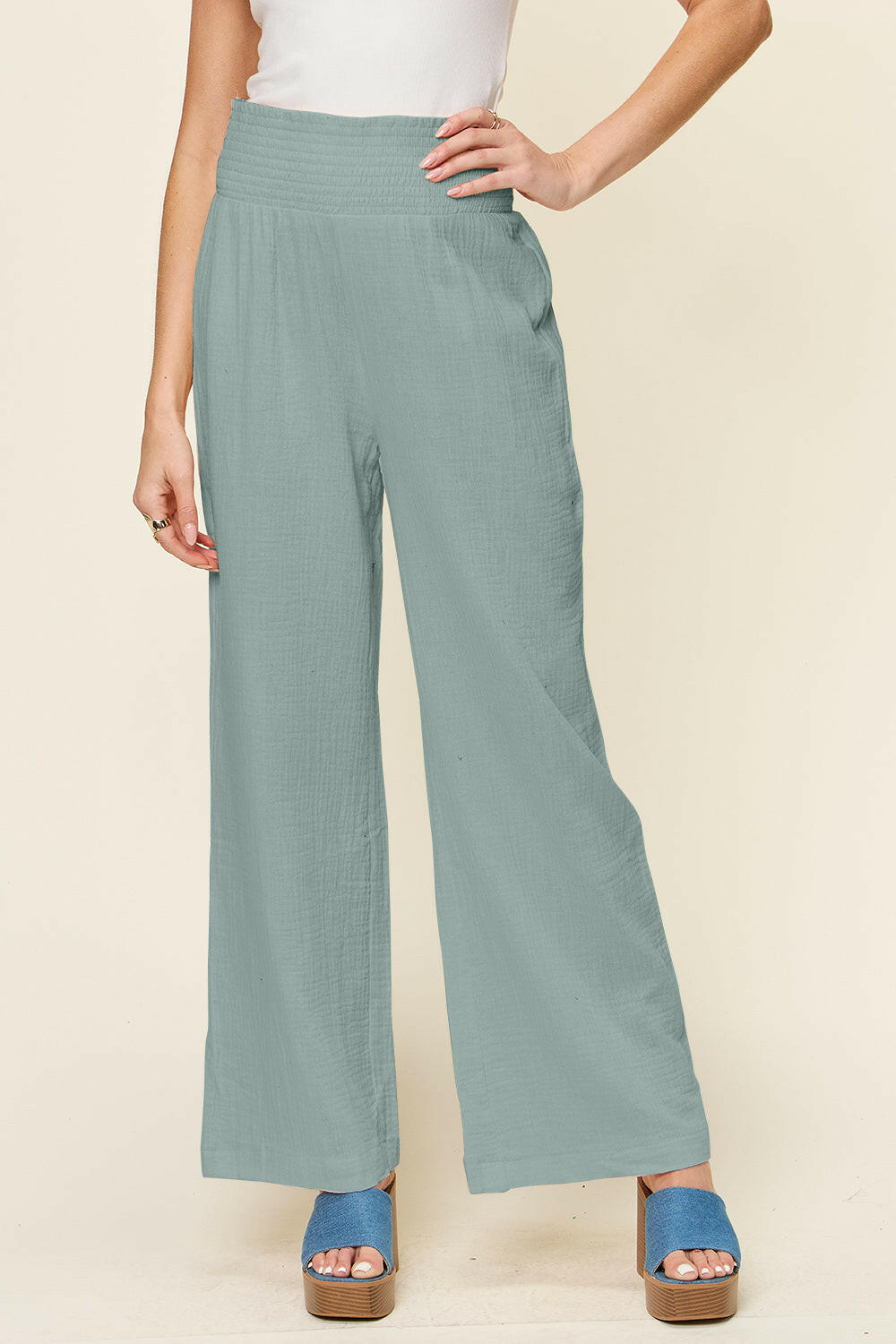 Textured Smocked Waist Wide Leg Pants.