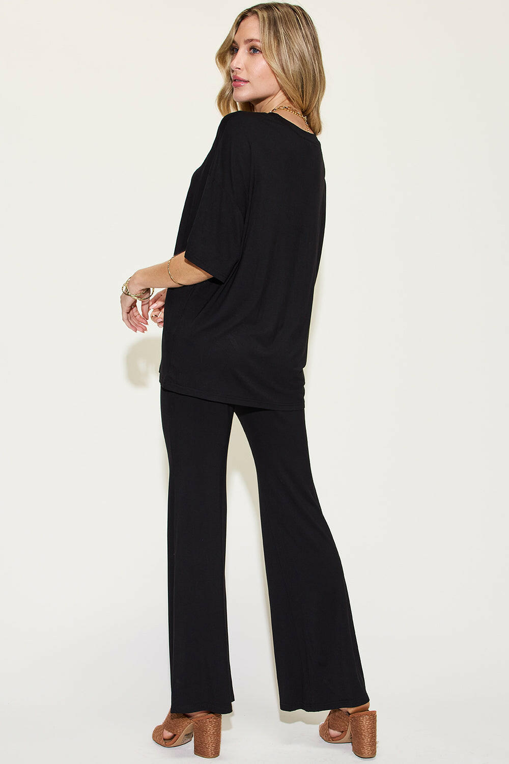 Basic Bae Bamboo Drop Shoulder T-Shirt and Flare Pants Set.