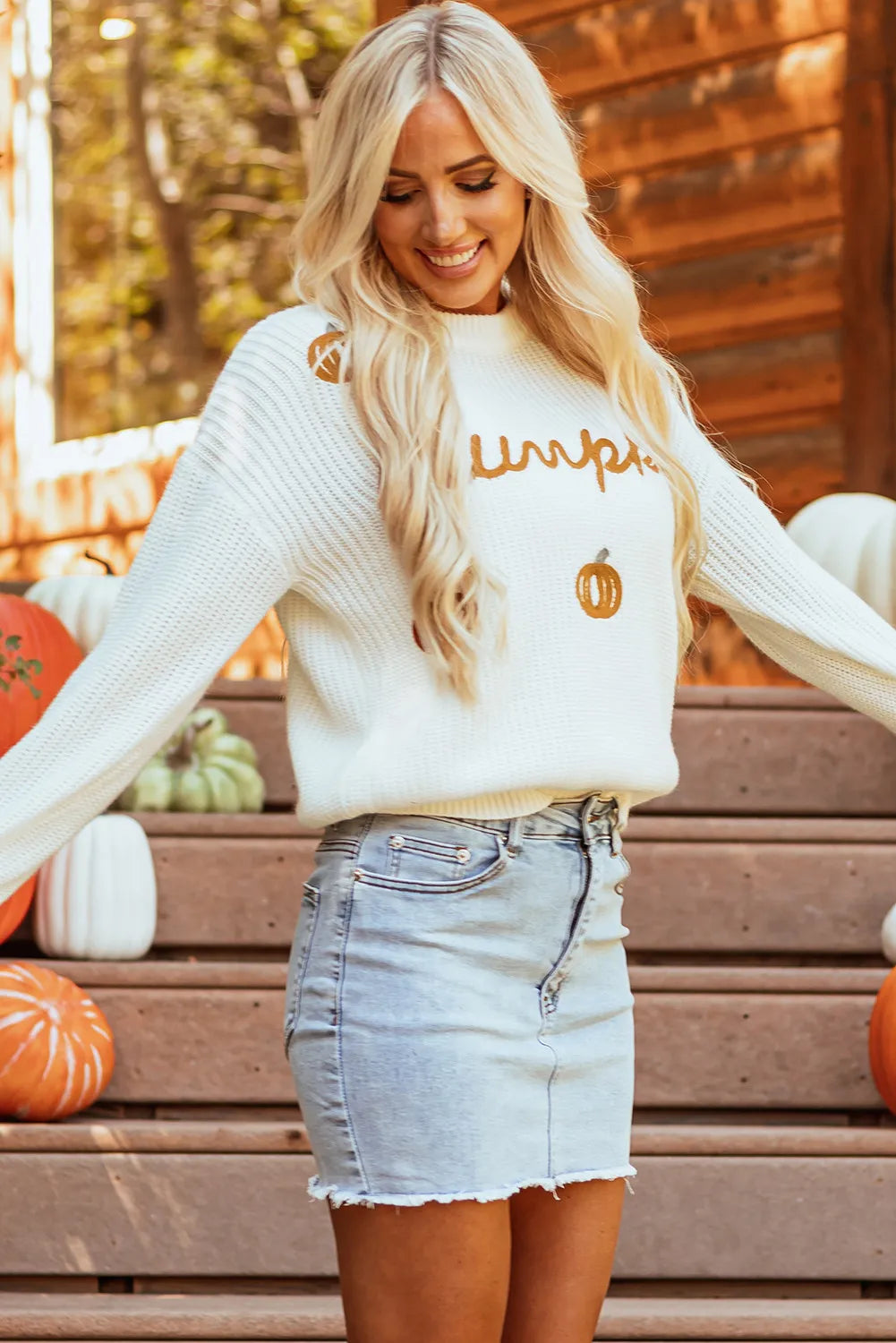 Pumpkin Embroidery Long Sleeve Sweater.