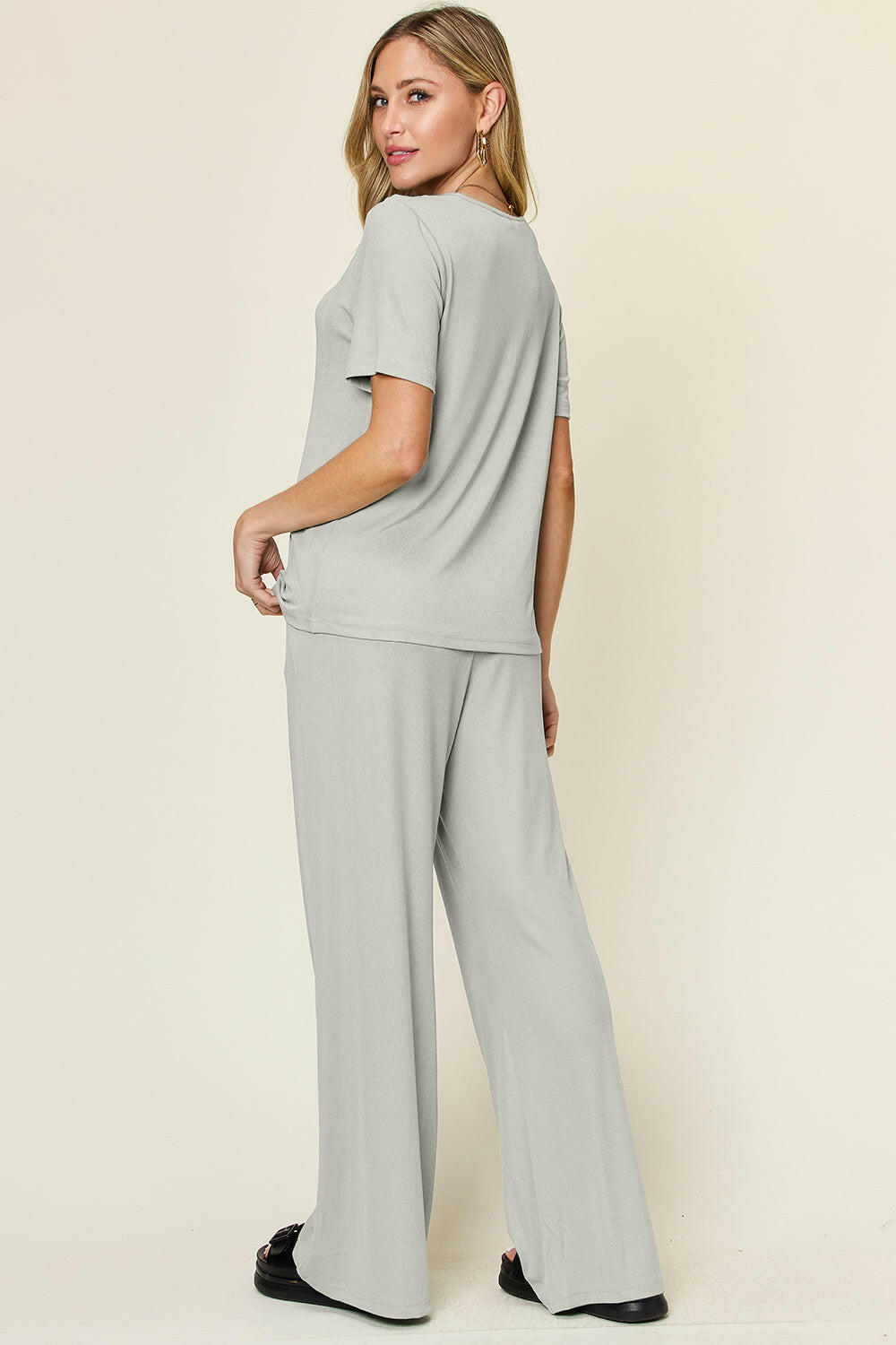 Round Neck Short Sleeve T-Shirt and Wide Leg Pants Set.