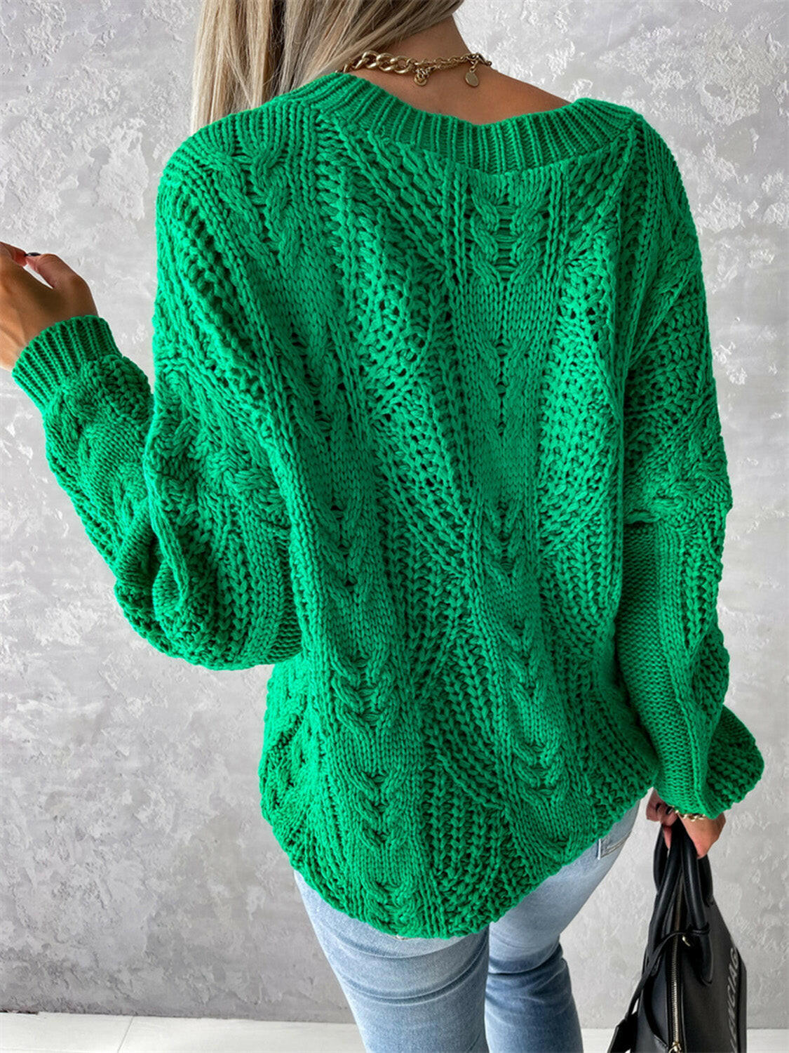 V-Neck Cable-Knit Long Sleeve Sweater.