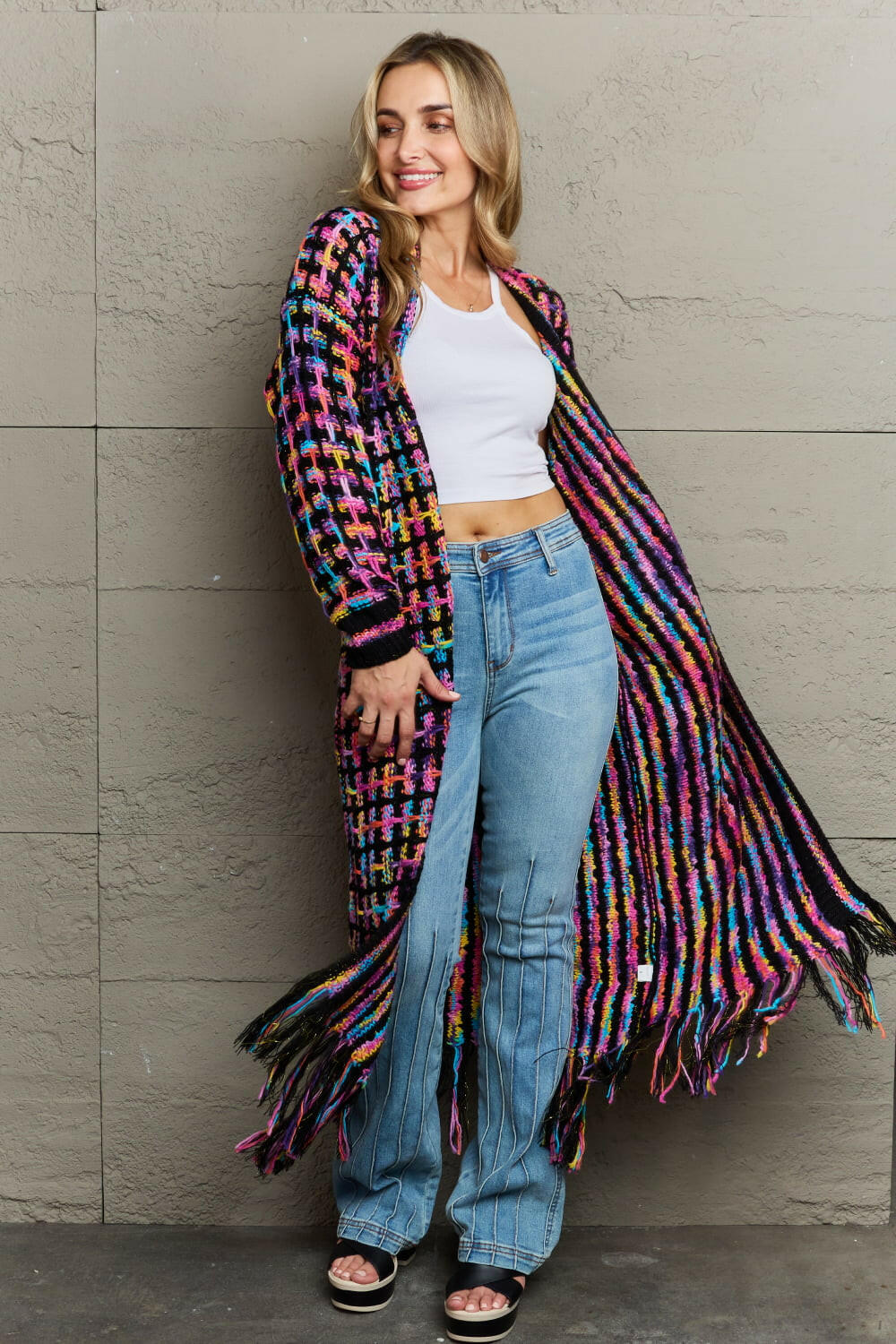 Angel Wings Multicolored Open Front Fringe Hem Cardigan.