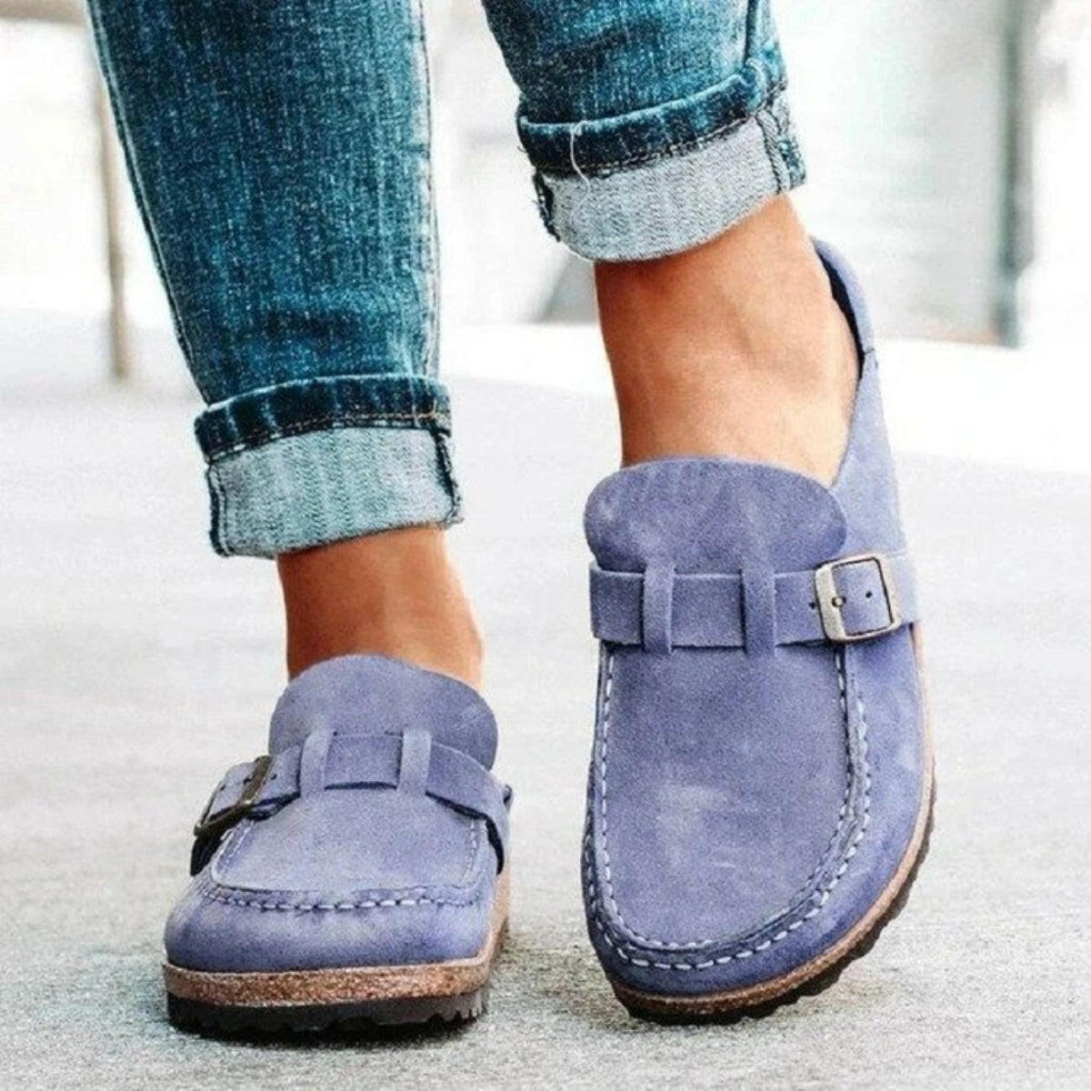 Round Toe Low Heel Buckle Loafers.