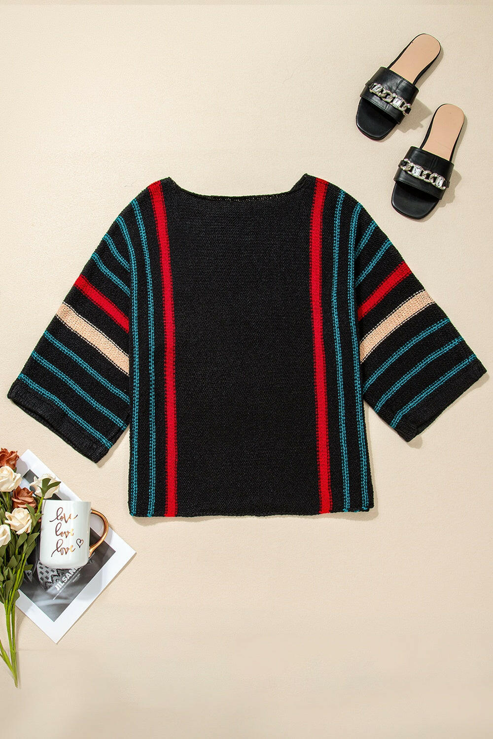 Striped Boat Neck Three-Quarter Sleeve Knit Top.