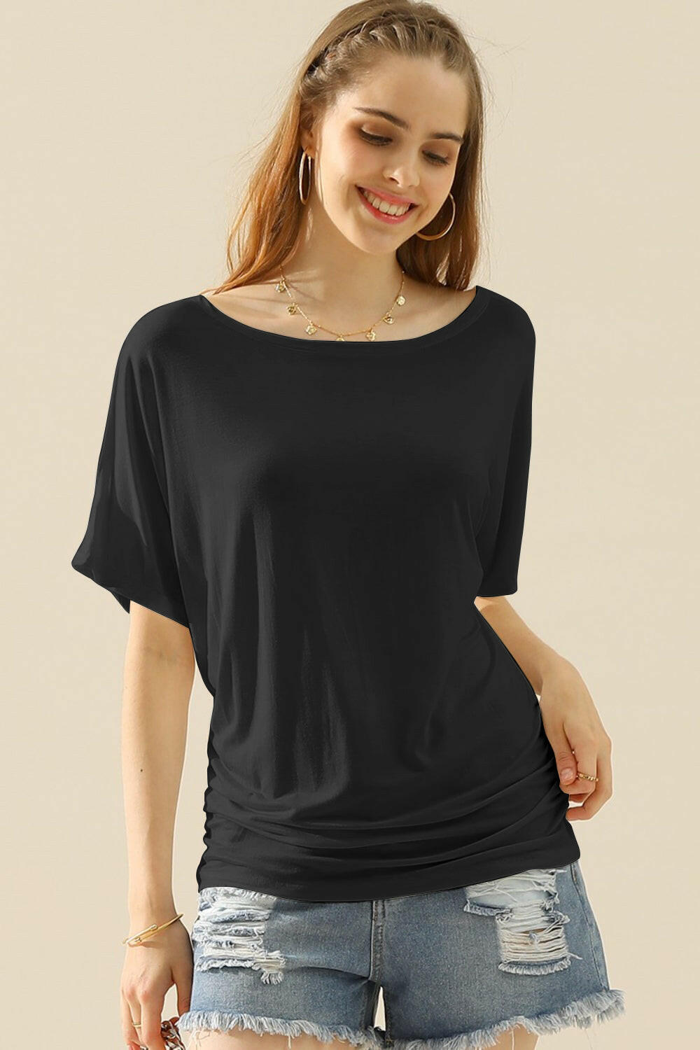 Ninexis Boat Neck Short Sleeve Ruched Side Top.