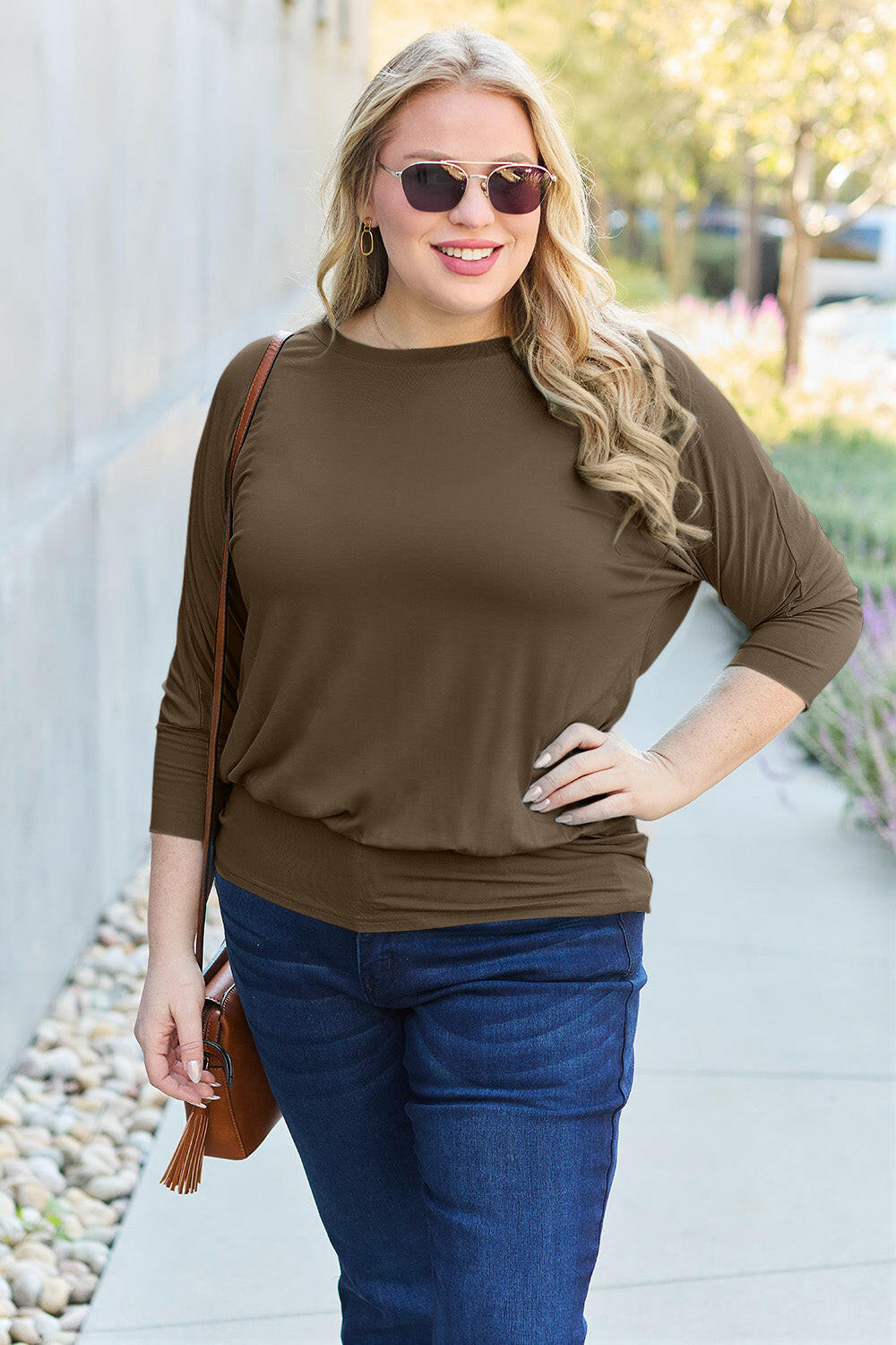 Basic Bae Full Size Round Neck Batwing Sleeve Top.