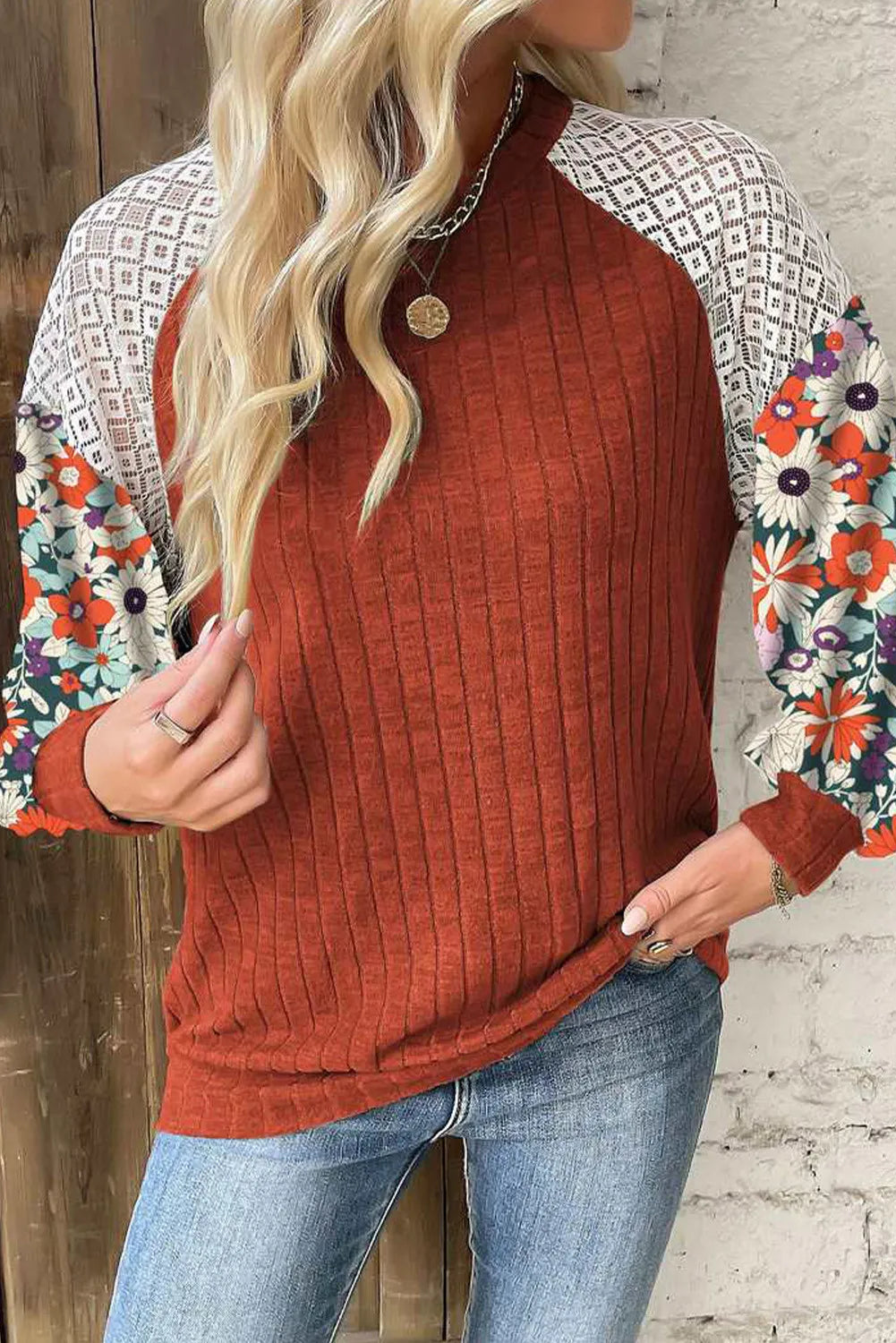 Printed Round Neck Long Sleeve Top.