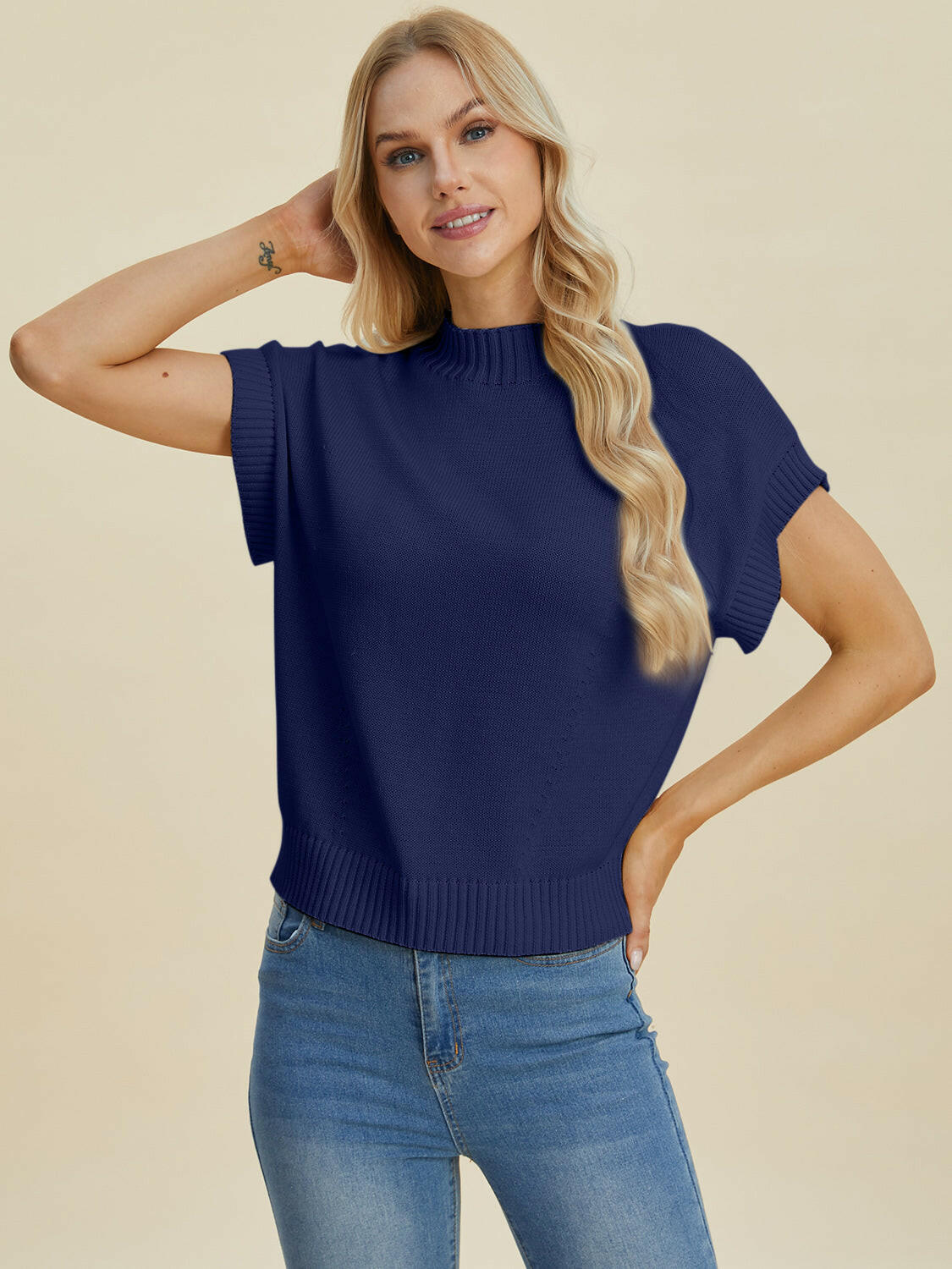 Double Take Mock Neck Short Sleeve Sweater.