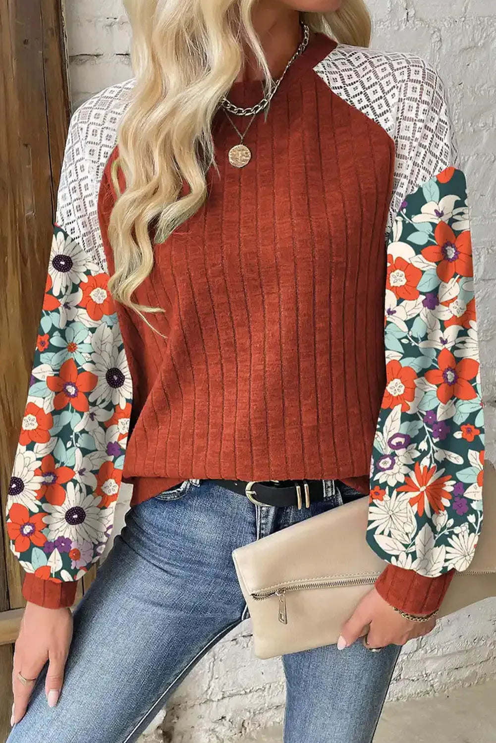 Printed Round Neck Long Sleeve Top.