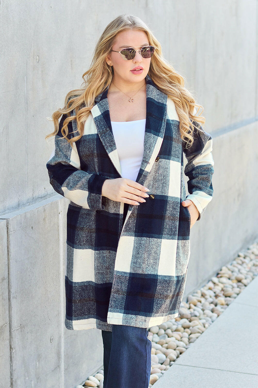 Double Take Plaid Button Up Lapel Collar Coat.