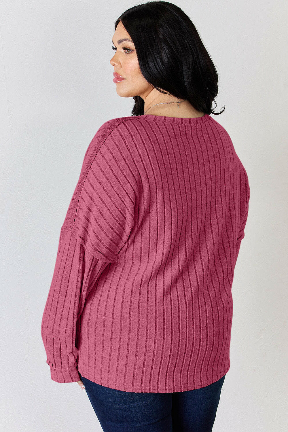 Basic Bae Ribbed Half Button Long Sleeve T-Shirt.