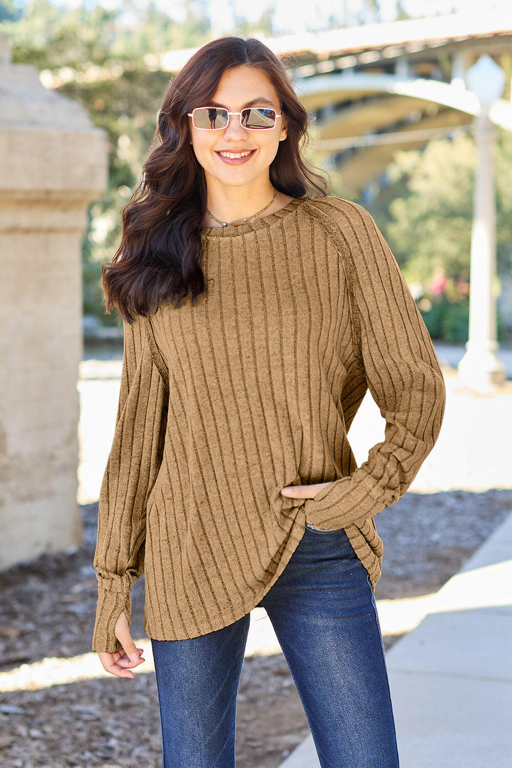 Basic Bae Full Size Ribbed Round Neck Long Sleeve Knit Top.