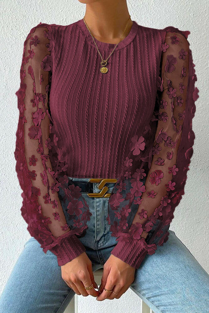 Textured Applique Long Sleeve Blouse.