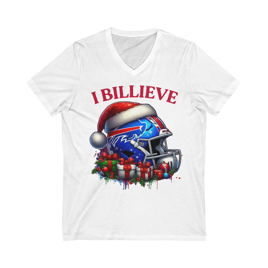 V-Neck Tee: I BILLIEVE - Buffalo Bills Helmet Xmas T-Shirt