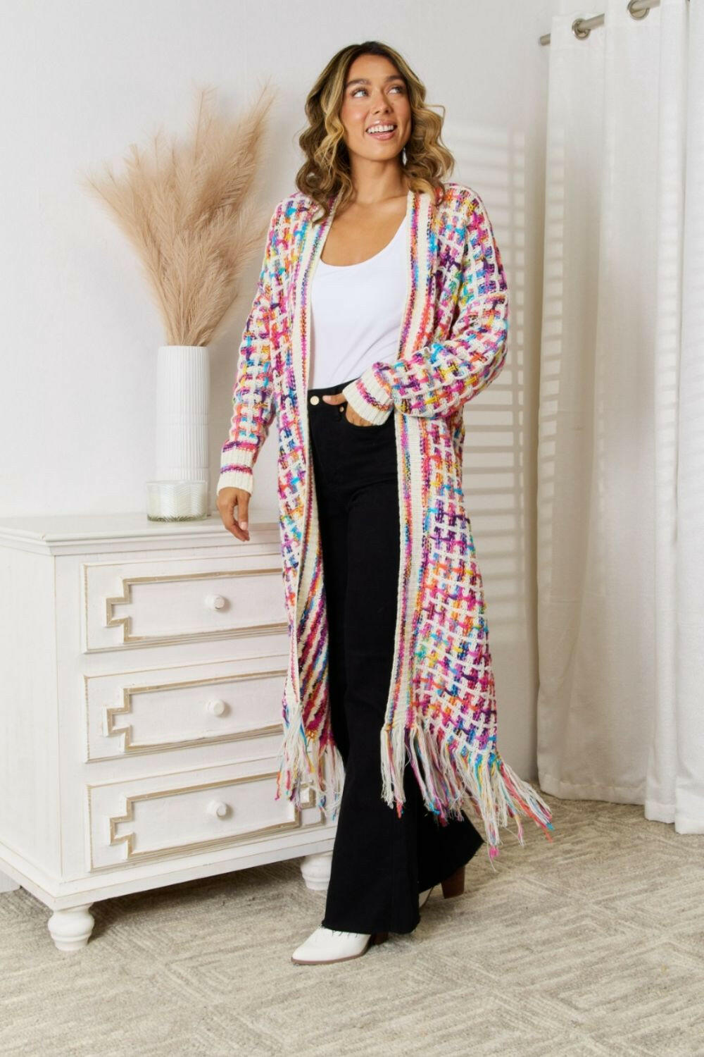 Angel Wings Multicolored Open Front Fringe Hem Cardigan.