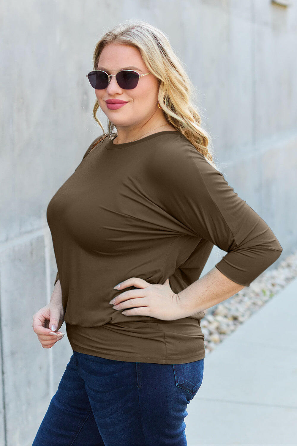 Basic Bae Full Size Round Neck Batwing Sleeve Top.