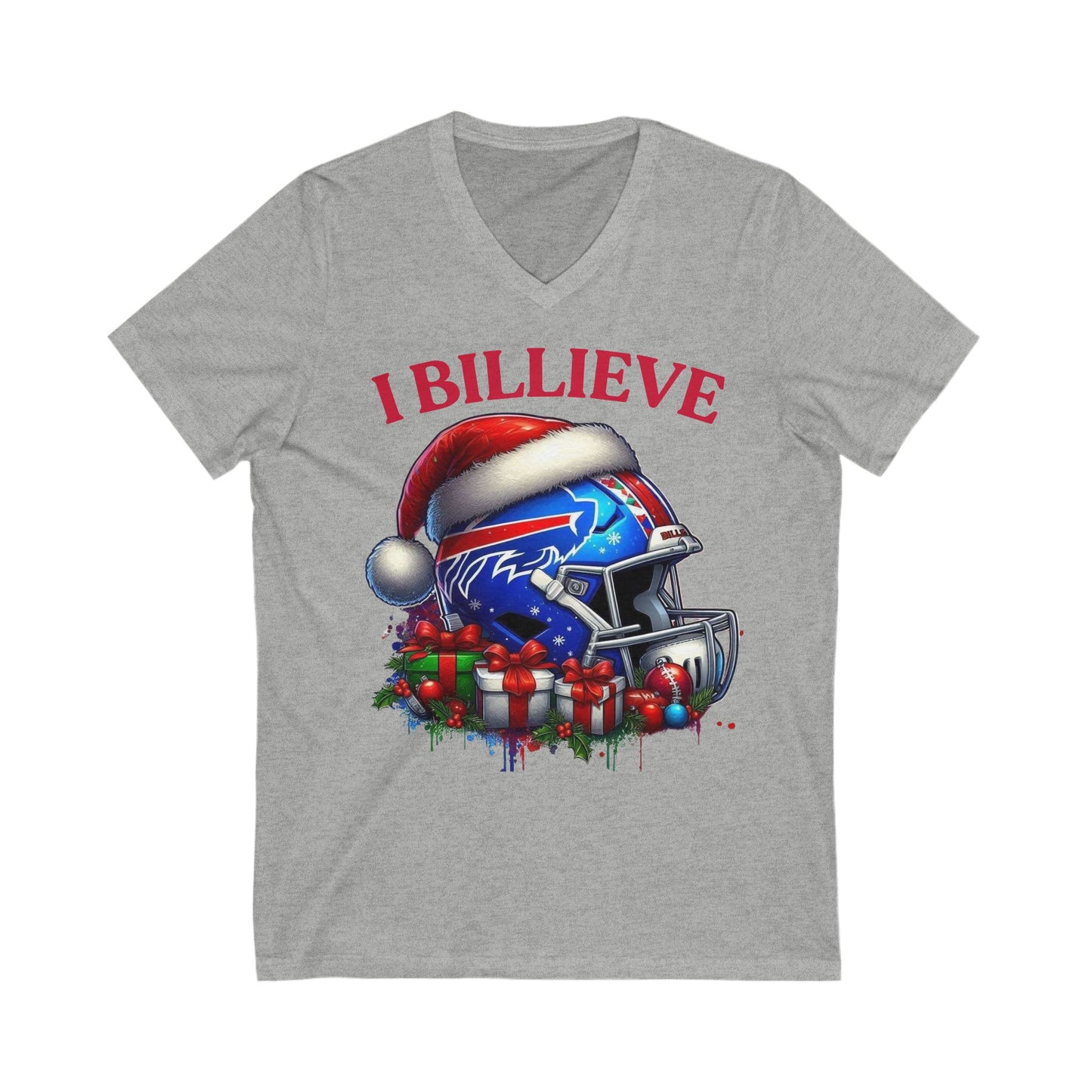 V-Neck Tee: I BILLIEVE - Buffalo Bills Helmet Xmas T-Shirt