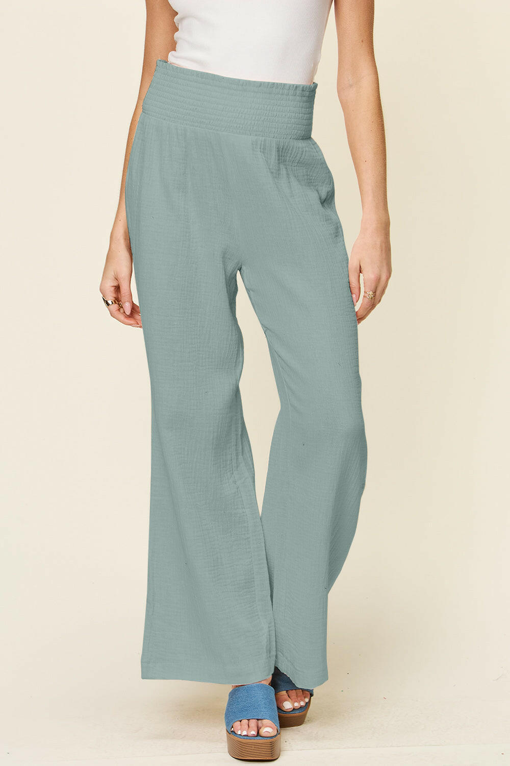 Textured Smocked Waist Wide Leg Pants.