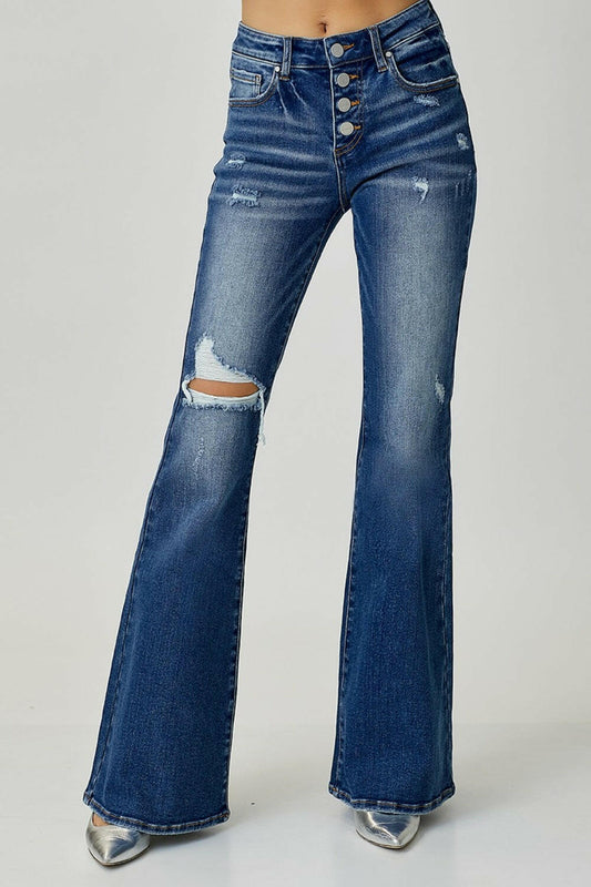 RISEN Distressed Button-Fly Flare Jeans.