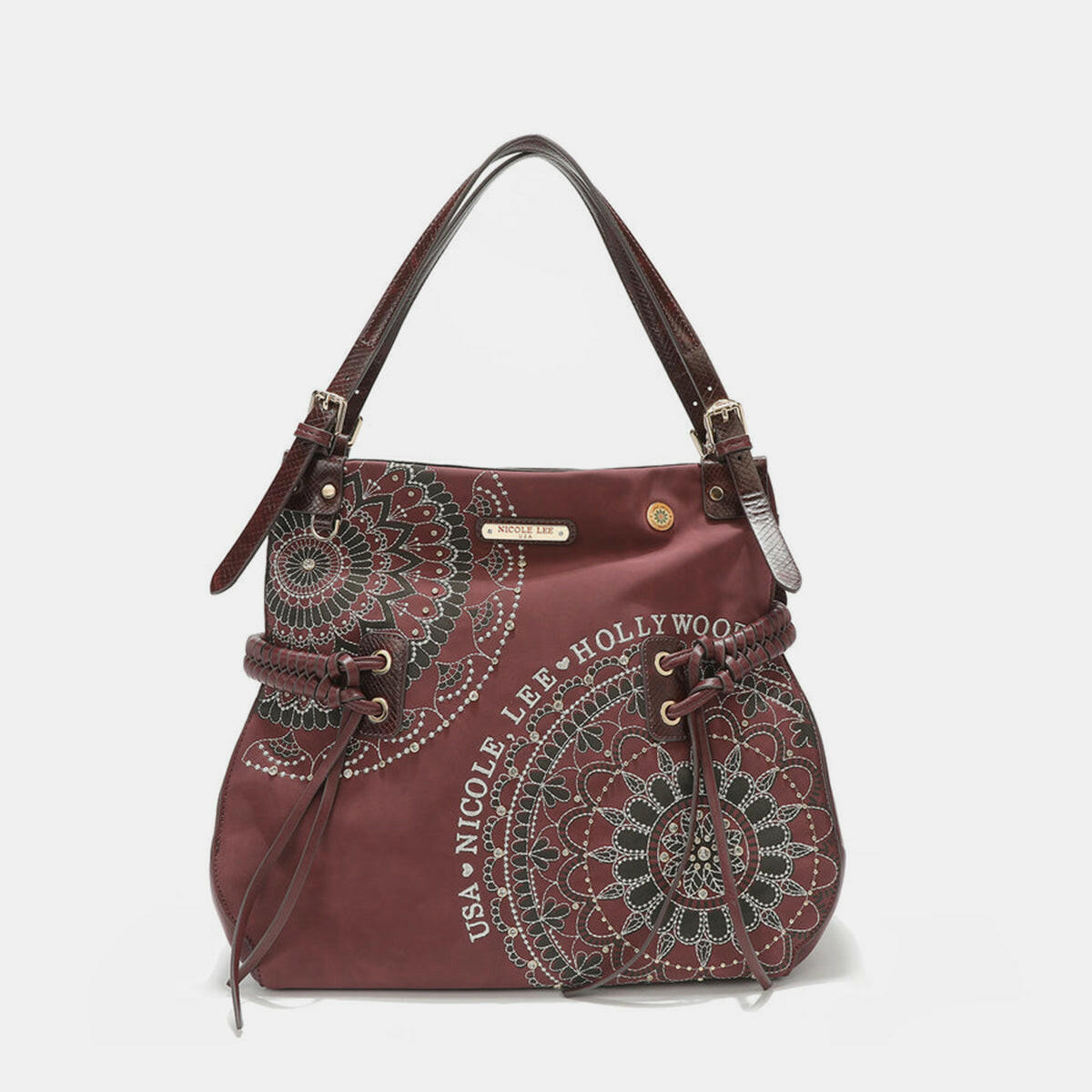 Nicole Lee USA Side Braided Tassel Inlaid Rhinestone Embroidery Hobo Bag.