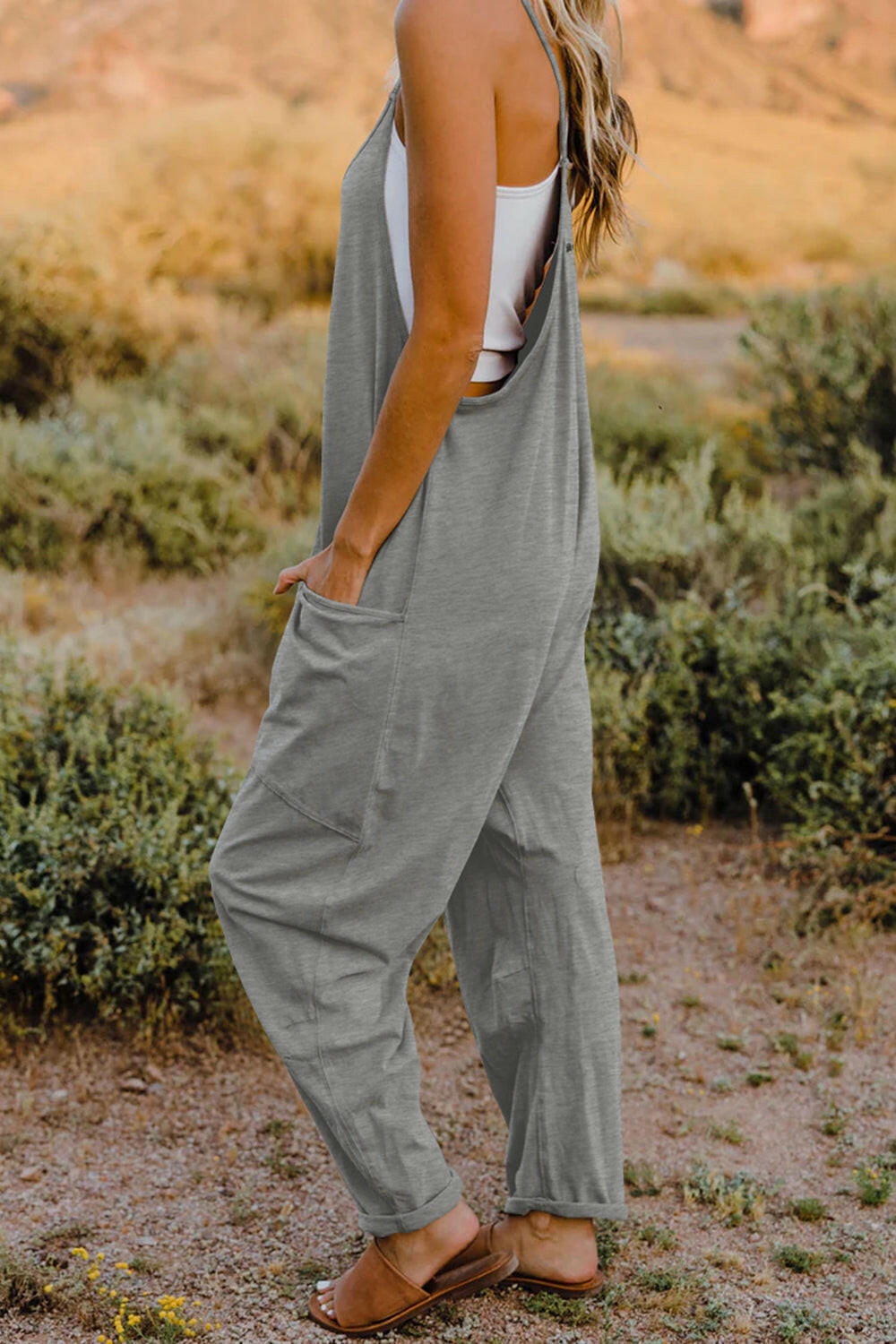 V-Neck Sleeveless Jumpsuit with Pockets.