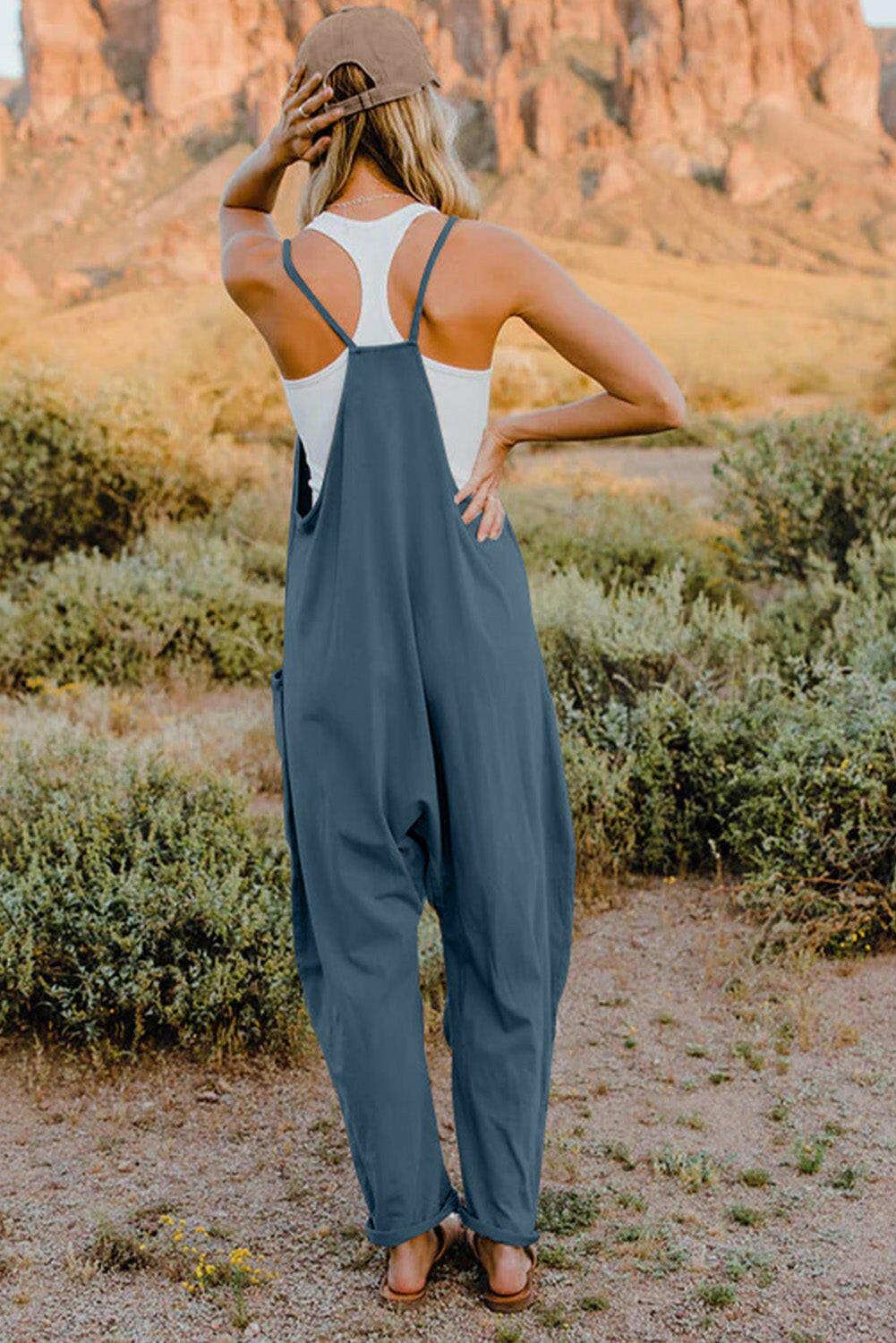 V-Neck Sleeveless Jumpsuit with Pockets.