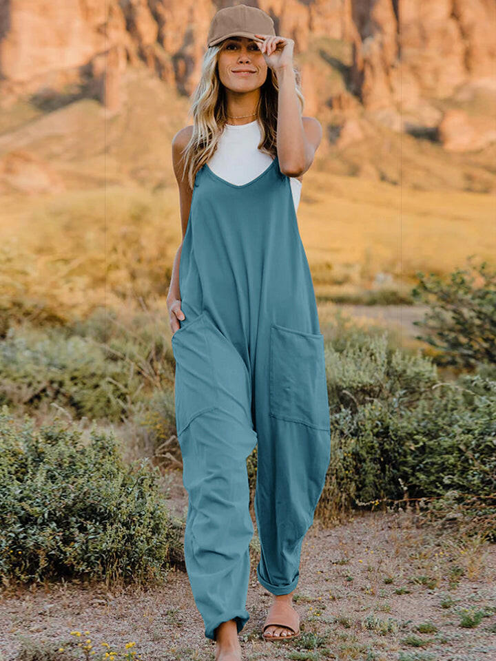 V-Neck Sleeveless Jumpsuit with Pockets.