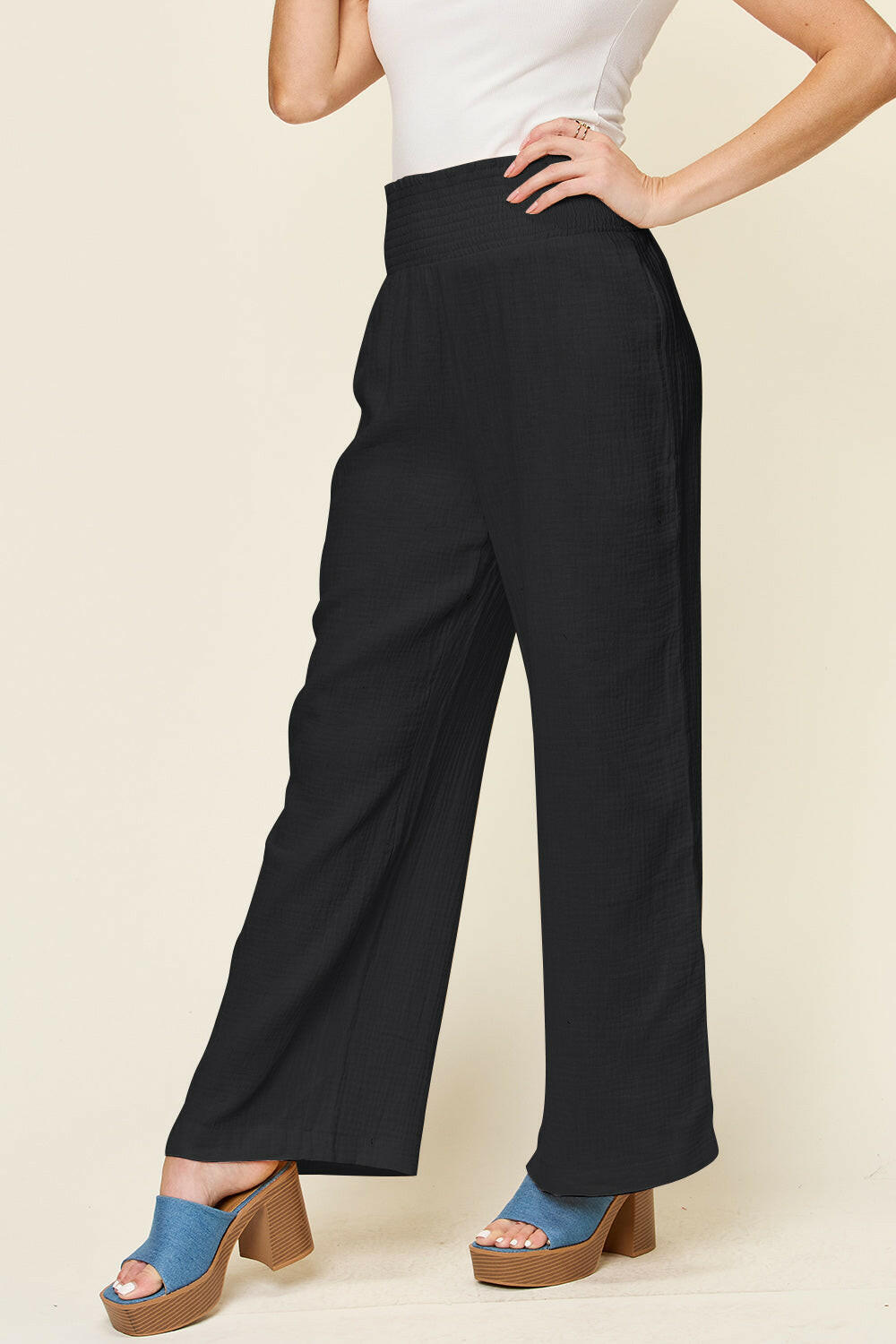 Textured Smocked Waist Wide Leg Pants.