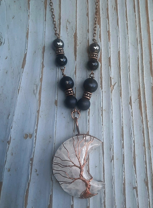 Crescent Moon Crystal Shungite Hematite Black Tourmaline Wire Wrapped