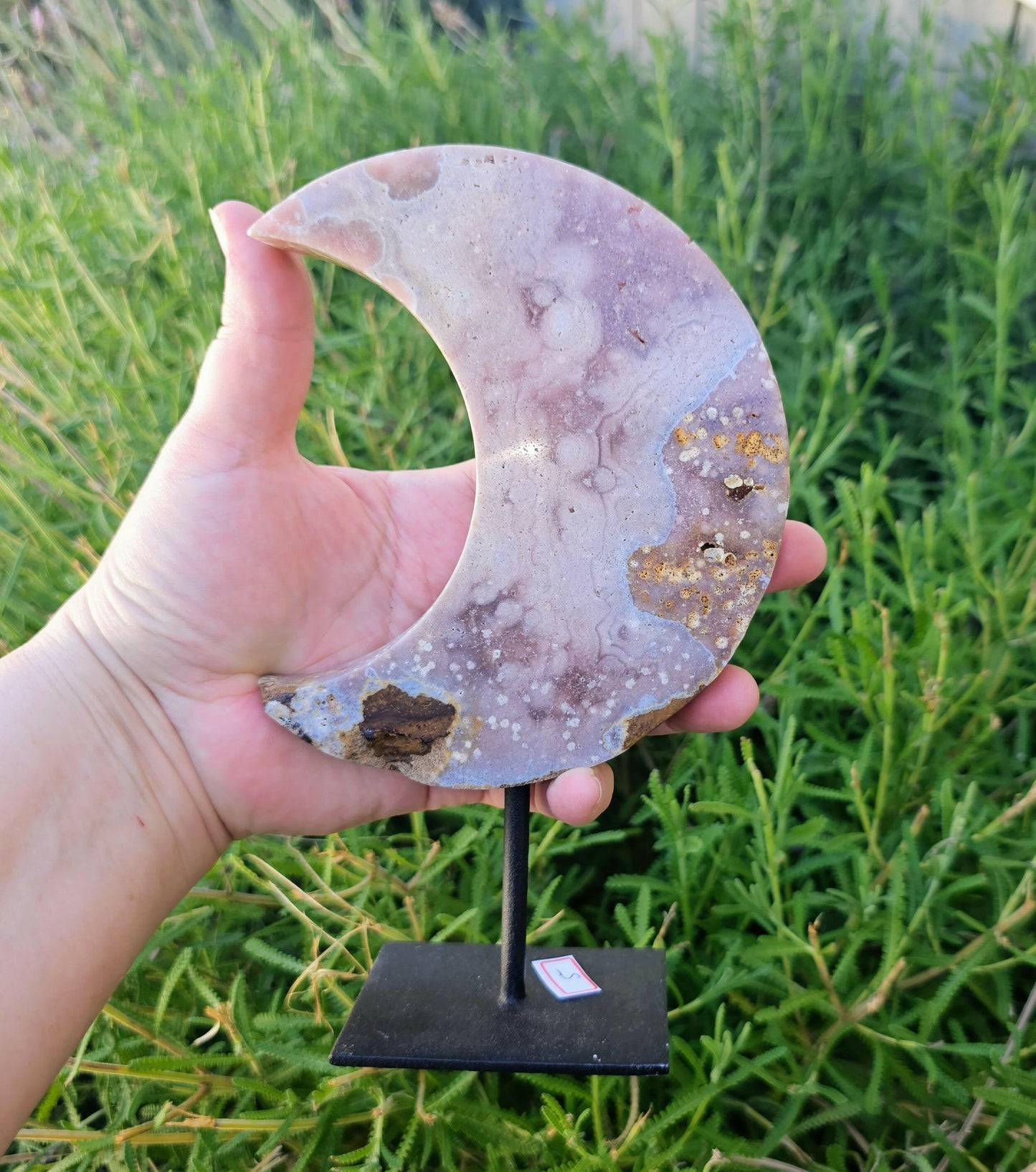 Celestial Harmony Pink Amethyst Moon on Stand: A Captivating Symbol of Tranquility and Balance - Perfect for Enhancing Any Space