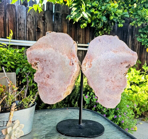 Divine Serenity Grade A Pink Amethyst Angel Wings on Metal Base: A Symbol of Protection and Grace - Perfect for Inspiring Any Space