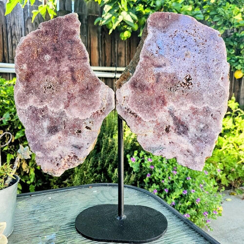 Divine Serenity Grade A Pink Amethyst Angel Wings on Metal Base: A Symbol of Protection and Grace - Perfect for Inspiring Any Space