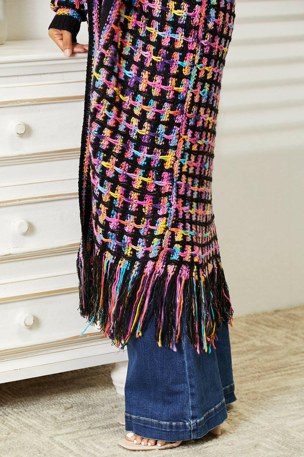 Angel Wings Multicolored Open Front Fringe Hem Cardigan.