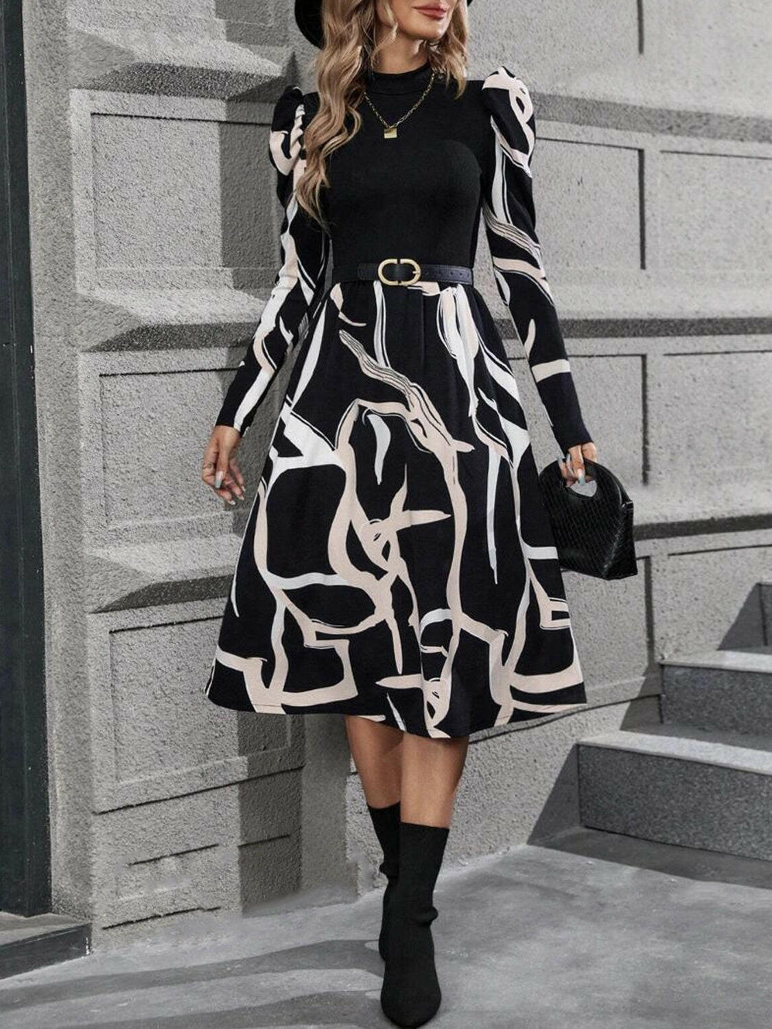 Elegant Flair Printed Mock Neck Puff Sleeve Mini Dress: A Stylish Fusion of Modern Elegance and Timeless Charm - Perfect for Every Occasion.