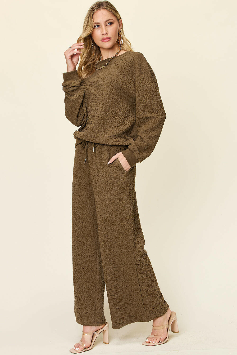 Double Take Textured Long Sleeve Top and Pants Set.