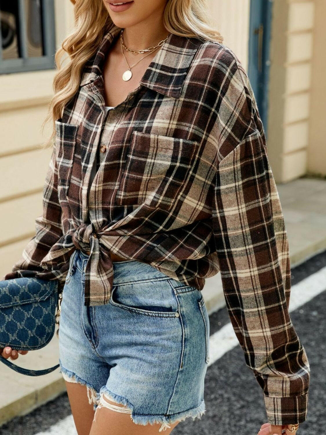 Plaid Collared Neck Long Sleeve Shirt.