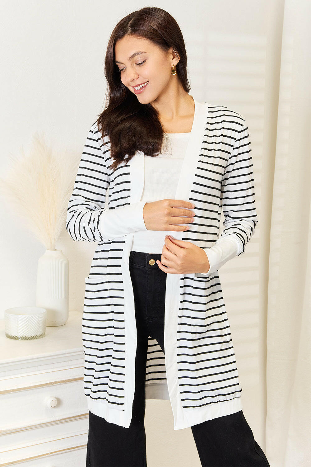 Double Take Striped Open Front Longline Cardigan.