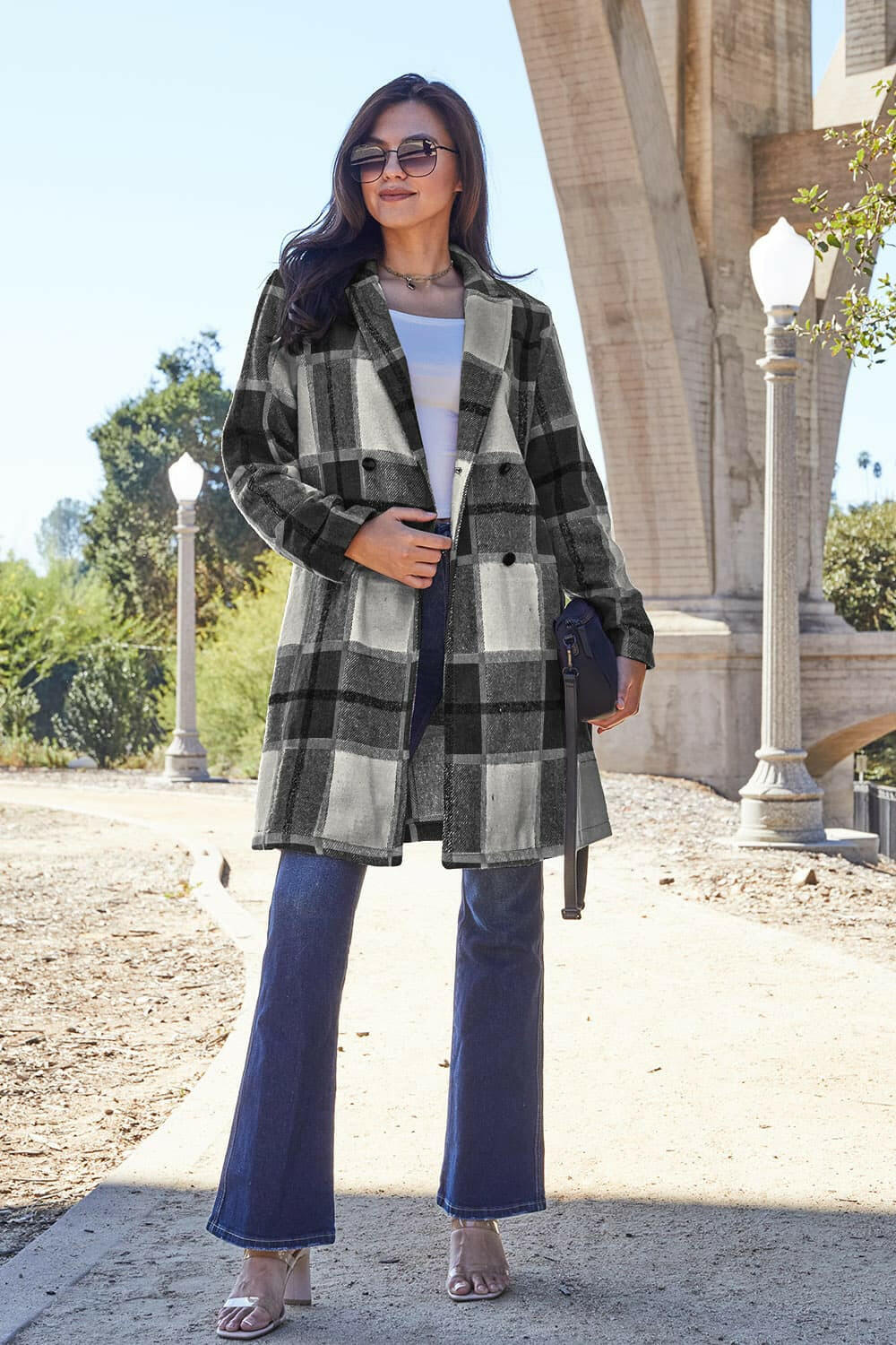 Double Take Plaid Button Up Lapel Collar Coat.