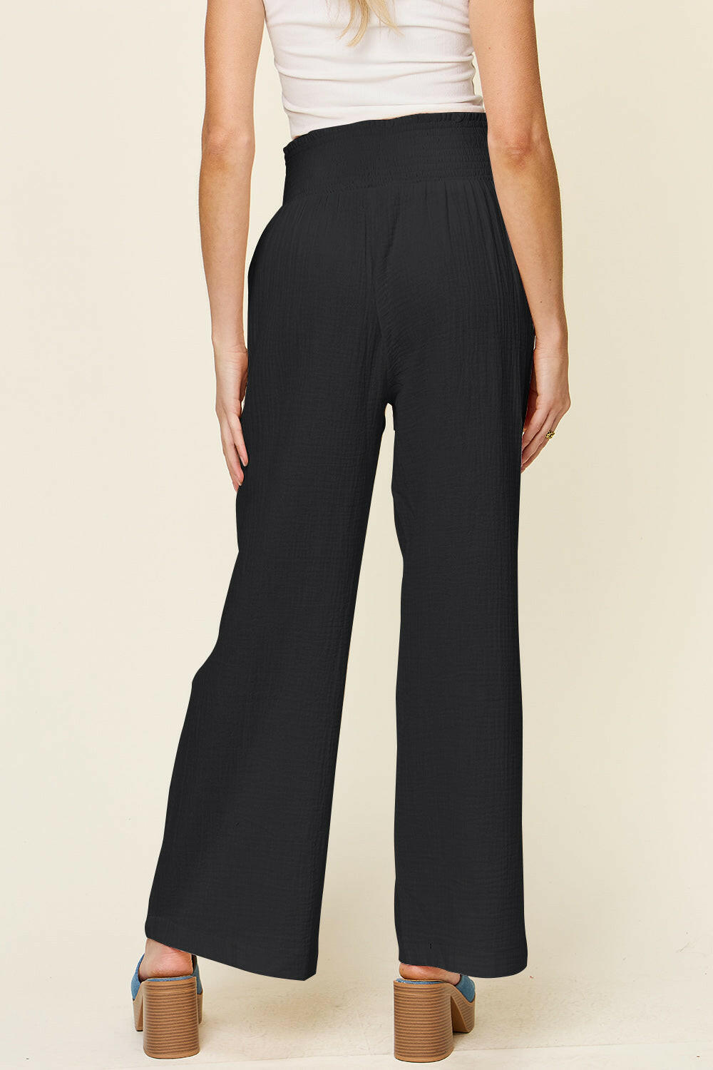 Textured Smocked Waist Wide Leg Pants.