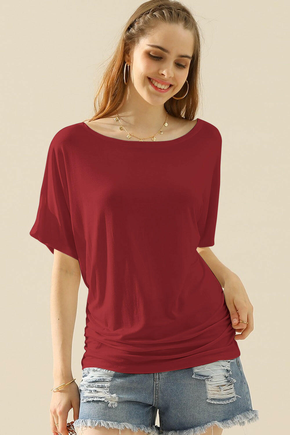 Ninexis Boat Neck Short Sleeve Ruched Side Top.