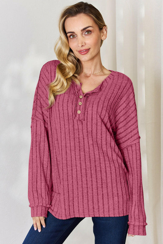 Basic Bae Ribbed Half Button Long Sleeve T-Shirt.