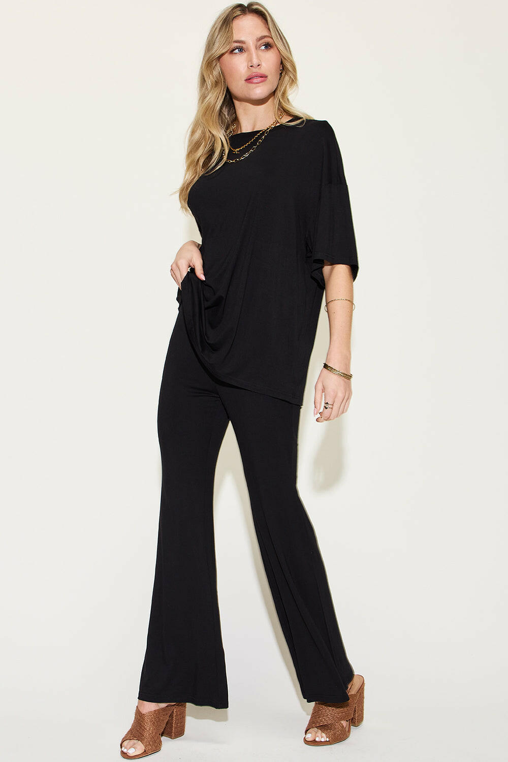 Basic Bae Bamboo Drop Shoulder T-Shirt and Flare Pants Set.