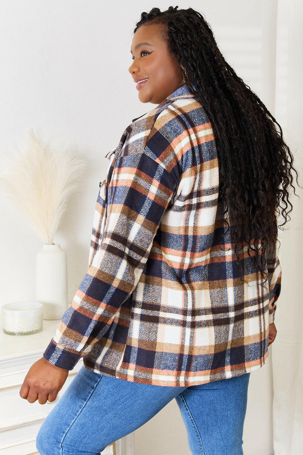 Double Take Plaid Button Front Shirt Jacket.