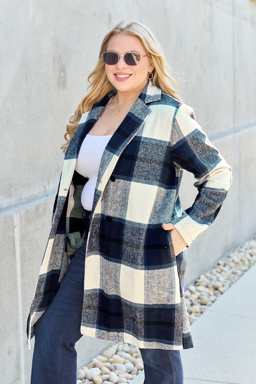 Double Take Plaid Button Up Lapel Collar Coat.