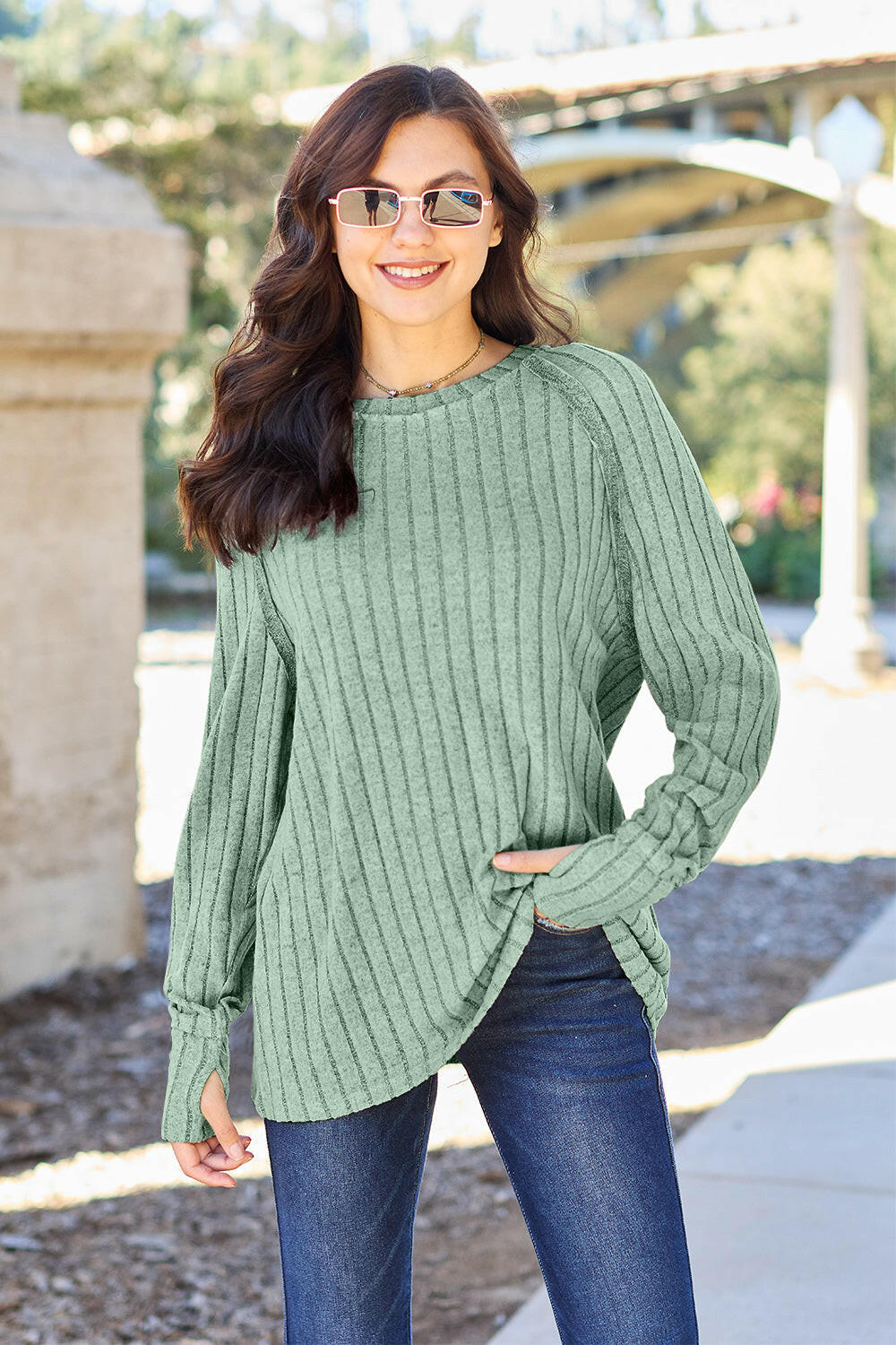 Basic Bae Full Size Ribbed Round Neck Long Sleeve Knit Top.