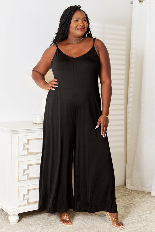 Double Take Soft Rayon Spaghetti Strap Tied Wide Leg Jumpsuit.