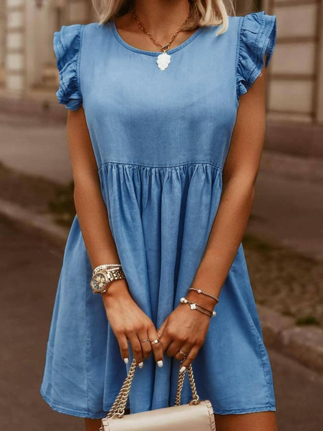 Full Size Ruffled Round Neck Cap Sleeve Denim Dress.