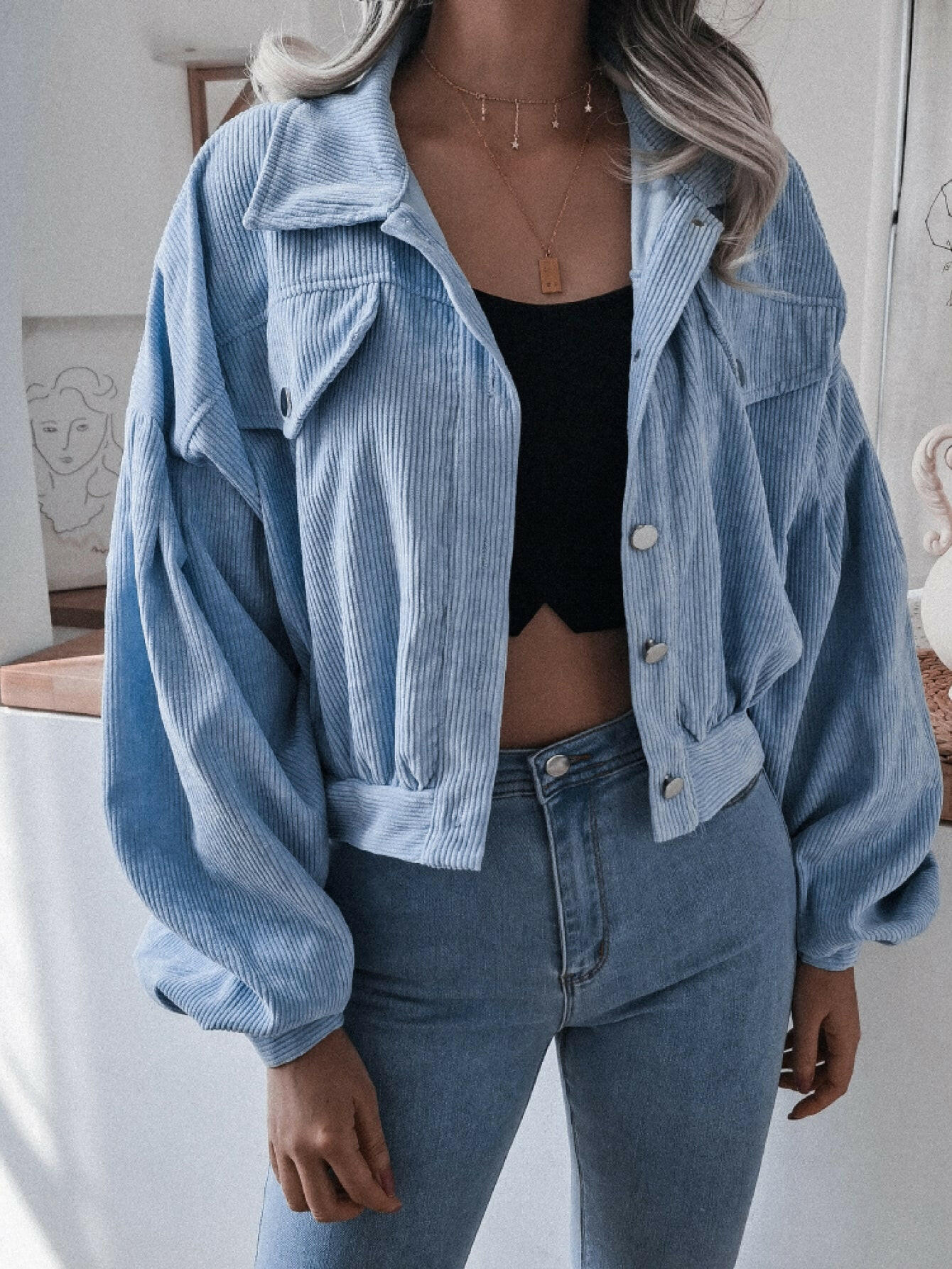 Double Take Lantern Sleeve Cropped Corduroy Jacket.